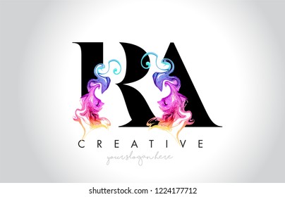 RA Vibrant Creative Leter Logo Design with Colorful Smoke Ink Flowing Vector Illustration.