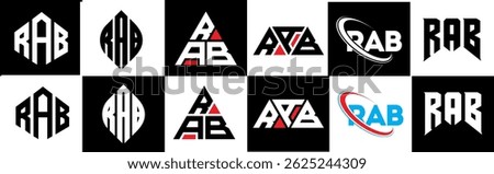 RAB letter logo design in six style. RAB polygon, circle, triangle, hexagon, flat and simple style with black and white color variation letter logo set in one artboard. RAB minimalist and classic logo