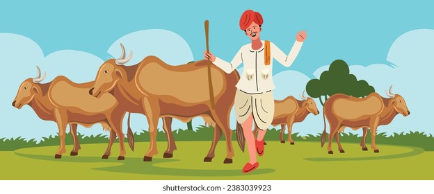 rabari man with the herd of cows, cattles in traditional dress