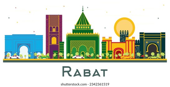 Esquina de la ciudad de Rabat Marruecos con Edificios de colores aislados en blanco. Ilustración vectorial. Concepto de viajes de negocios y turismo con arquitectura histórica. Paisaje urbano de Rabat con monumentos.