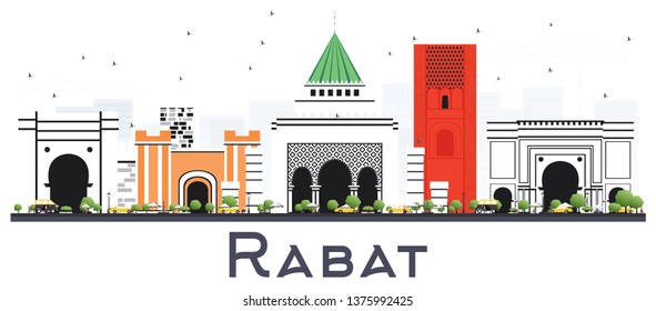 Rabat Morocco City Skyline with Gray Buildings Isolated on White. Vector Illustration. Business Travel and Tourism Concept with Modern Architecture. Rabat Cityscape with Landmarks. 