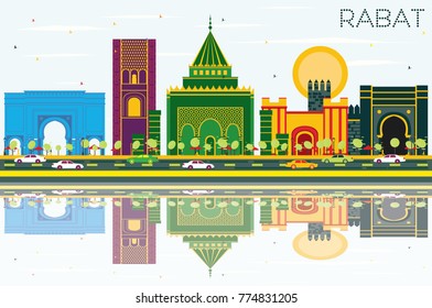 Rabat Morocco Skyline with Color Buildings, Blue Sky and Reflections. Vector Illustration. Business Travel and Tourism Concept with Historic Architecture. Rabat Cityscape with Landmarks.