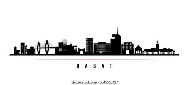 Rabat skyline horizontal banner. Black and white silhouette of Rabat, Morocco. Vector template for your design. 