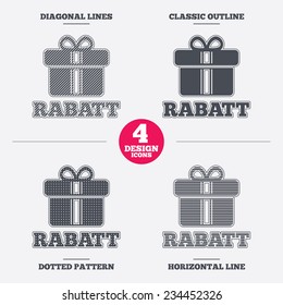 Rabatt - Discounts in German sign icon. Gift box with ribbons symbol. Diagonal and horizontal lines, classic outline, dotted texture. Pattern design icons.  Vector