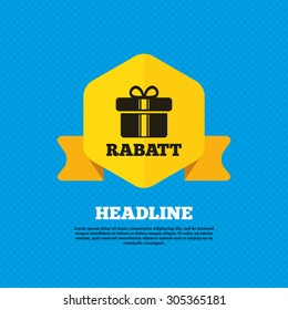 Rabatt - Discounts in German sign icon. Gift box with ribbons symbol. Yellow label tag. Circles seamless pattern on back. Vector