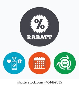 Rabatt - Discounts in German sign icon. Star with percentage symbol. Mobile payments, calendar and wifi icons. Bus shuttle.