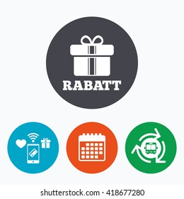 Rabatt - Discounts in German sign icon. Gift box with ribbons symbol. Mobile payments, calendar and wifi icons. Bus shuttle.