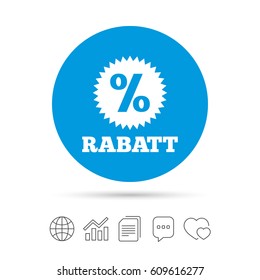 Rabatt - Discounts in German sign icon. Star with percentage symbol. Copy files, chat speech bubble and chart web icons. Vector