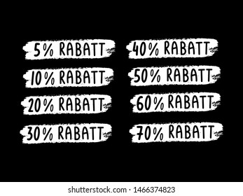 Rabatt word. Translation from German Discount. Hand sketched sale tags set vector badges template with a frame on a black background.  5 off, 10%, 20, 30, 50, 60, 70 percent label 