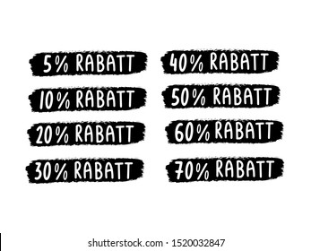 Rabatt word. Translation from German Discount. Hand sketched sale tags set vector badges template  5 off, 10%, 20, 30, 50, 60, 70 percent label. Black grange brush strokes