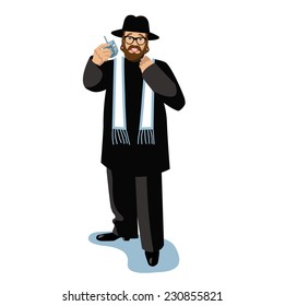Rabbi Holding A Dreidel Isolated On White  EPS 10 Vector Illustration