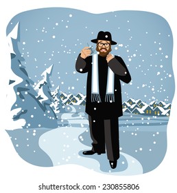 Rabbi Holding A Dreidel In Snowy Scene EPS 10 Vector Illustration