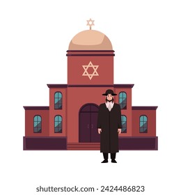 Rabbi or Jew against the synagogue. Jewish priest and house of prayer for Judaism religious concept, flat vector illustration isolated on white background.