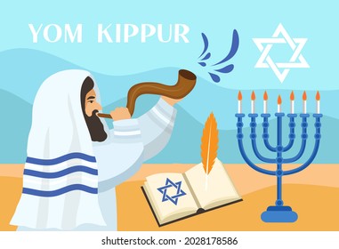 Rabino con tallo, judío haciendo un shofar en la bocina de un ariete el día de Rosh Hashanah y Yom Kippur. Ilustración del vector