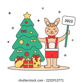 Rabbit 2023 New Year concept. Cute happy rabbit and a Christmas tree. Symbol of the year 2023. Year of the Rabbit. Vector illustration.