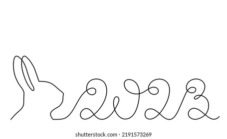 Rabbit 2023 one line art, hand drawn continuous contour. Doodle bunny, sketch style, minimalist design. Editable stroke. Isolated. Vector illustration