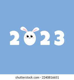 Rabbit 2023 Year. Cute kawaii bunny illustration. New Year of Hare vector card. Numbers 2023 with smiling bunny face on blue background. 