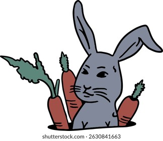 rabbit with 3 carrots coming out of the hole