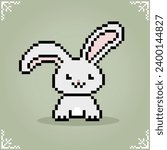 A rabbit in 8 bit pixel art with long ear. Animal game assets in vector illustrations.