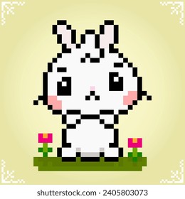 Rabbit in 8 bit pixel art. Animals for game assets and cross stitch pattern in vector illustration.