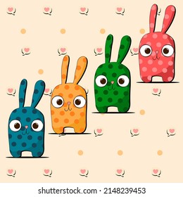 Rabbit abstract four color on polka dot and heart background.vector and illustration.