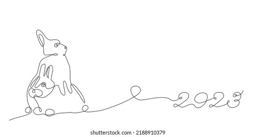 Rabbit abstract one continuous line illustration. Modern minimalist style bunny symbol of 2023 year silhouette for posters, web banners, post cards.