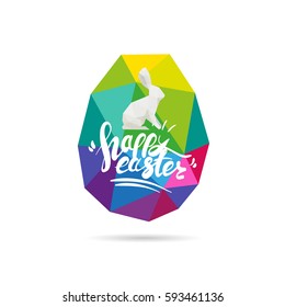 Rabbit abstract triangle.Hand drawn lettering Happy Easter. Text template sketch design postcard. Vector illustration. 
