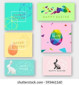 Rabbit abstract triangle.Hand drawn lettering Happy Easter. Text template sketch design postcard. Vector illustration. 
