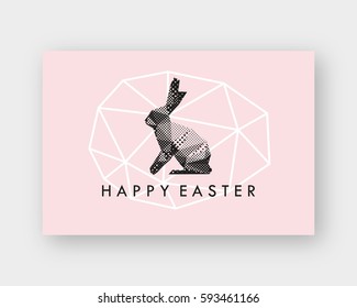 Rabbit abstract triangle.Hand drawn lettering Happy Easter. Text template sketch design postcard. Vector illustration. 

