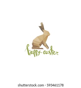 Rabbit abstract triangle.Hand drawn lettering Happy Easter. Text template sketch design postcard. Vector illustration. 
