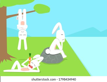 Rabbit acting in boring time, vector cartoon art