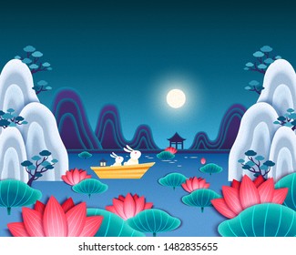 Rabbit admiring the full moon in Chinese lotus garden, Mid autumn festival illustration