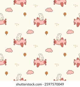 Rabbit in airplane cartoon so cute. On tree cloud background. Pattern seamless vector illustration. 