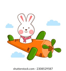 Rabbit and airplane in the sky. On cloud white background. Cartoon so cute. Vector illustration.
