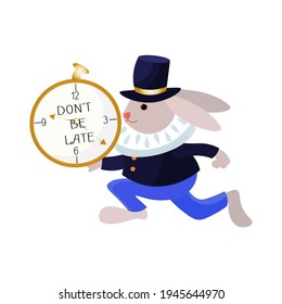 Rabbit from Alice in Wonderland running with clocks.