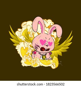 rabbit angel illustration design for sukajan is mean japan traditional cloth or t-shirt with digital hand drawn Embroidery Men T-shirts Summer Casual Short Sleeve Hip Hop T Shirt Streetwear