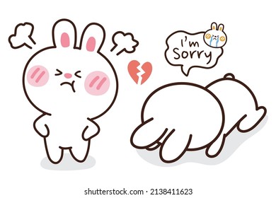 Rabbit angry and sad feeling hand drawn on white background.Heart broken.I am sorry writing.Animal doodle.Character design.Kawaii cartoon.Bunny.Kid graphic.Vector.Illustration.