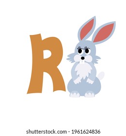 Rabbit animal alphabet symbol. English letter R isolated on white background. Funny hand drawn style character. Learn kids to read with cute toy illustration