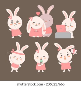 Rabbit Animal characters of various professions and emotions such as stunned, couple, study, sit, exercise, eat, ice cream, surprise. Rabbits in different pose and activities. vector flat illustration