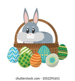rabbit animal inside hamper and eggs easter