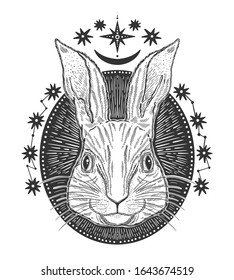 Rabbit animal magic drawing line.Black line in white background.Vintage style tattoo..Vector illustration.