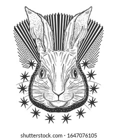 Rabbit animal magic drawing line.Black line in white background.Vintage style tattoo..Vector illustration.