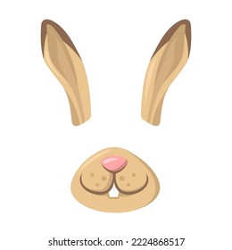 Rabbit animal mask for mobile application vector illustration. Cartoon bunny face mask with nose and ears on white background. Photo or video chat filter concept