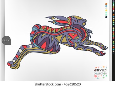 Rabbit. Animal patterns with hand-drawn doodle waves and lines. Vector illustration in bright colors.
