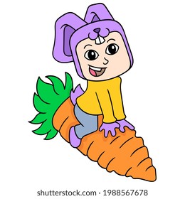 the rabbit animal is playing on a giant carrot, vector illustration art. doodle icon image kawaii.