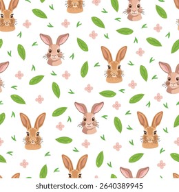 Rabbit animal seamless pattern. Flat vector clipart, illustration with isolated background.