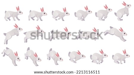 Rabbit animation. Bunny jump or animated running motion cycle for 2d game, speed run hare animal sequence frame set sprite sheet different move, vector illustration of animated animal sequence