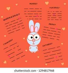 Rabbit with an area for recording on an orange background. Glider with days of the week. Cartoon rabbit with hearts. Hare with big eyes. Cute Wild Animal. Postcard, poster, card design. for print.