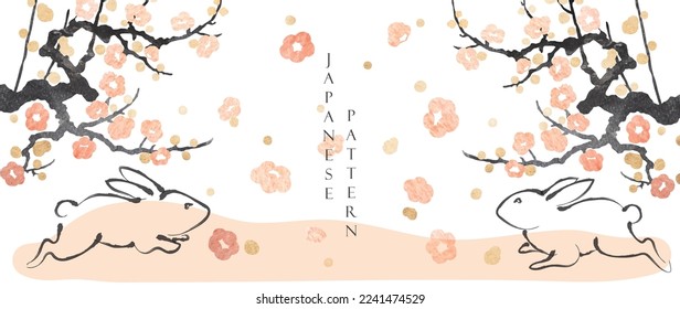 Rabbit and art natural landscape background with watercolor texture vector. Branch with leaves and cherry blossom flower decoration in vintage style. New year greeting card.