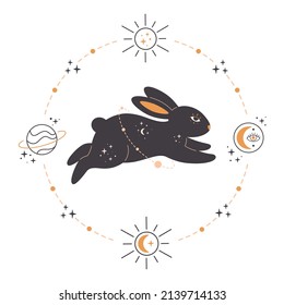 Rabbit with astrology, esoteric, mystic and magician elements. Year of the Rabbit. Hand drawn vector illustration